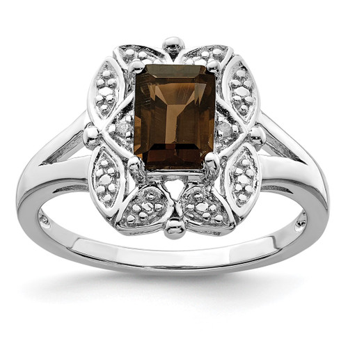 Sterling Silver Rhodium-Plated 0.01ct Diamond & Smoky Quartz Ring, 2 mm - QR4537SQ