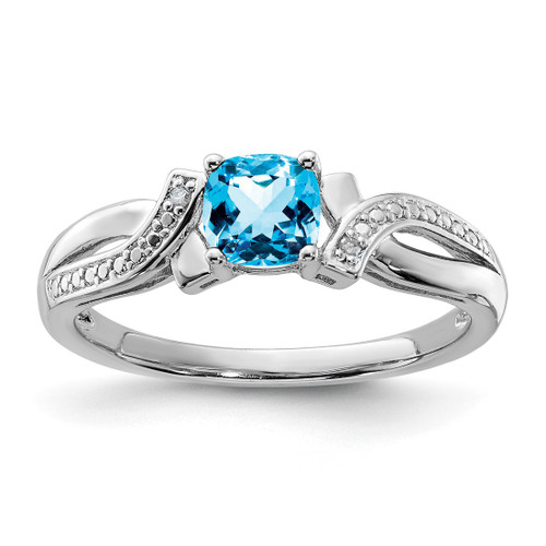 Sterling Silver Rhodium-Plated Light Swiss Blue Topaz & 0.015ct Diamond. Ring, 2 mm