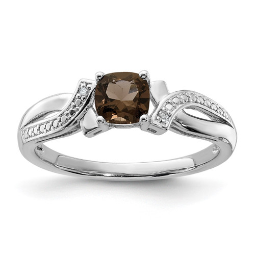 Sterling Silver Rhodium-Plated Smoky Quartz 0.015ct Diamond. Ring, 2 mm