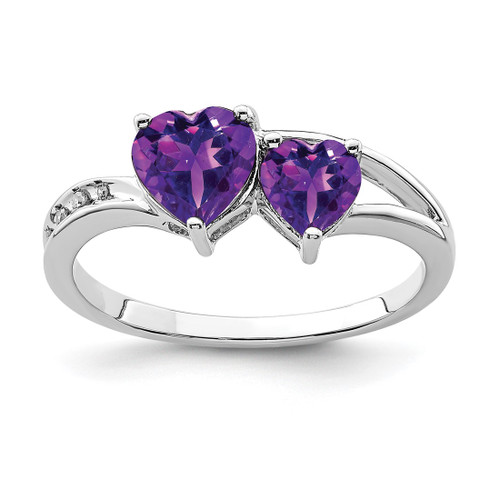 Sterling Silver Rhodium-Plated 0.016ct Diamond and Amethyst Heart Ring, 2 mm