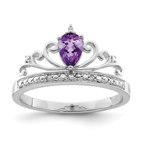 Sterling Silver Rhodium-Plated 0.019ctw Diamond & Amethyst Teardrop Ring, 2 mm