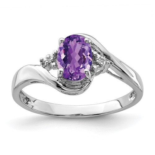 Sterling Silver Rhodium-Plated 0.01ct Diamond and Amethyst Oval Ring, 2 mm - QR4648AM