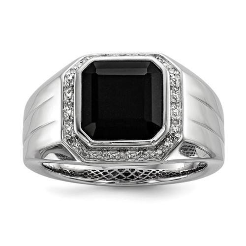 White Night Sterling Silver Rhodium-Plated 0.1ct Diamond and Black Onyx Square Men'S Ring, 14 mm