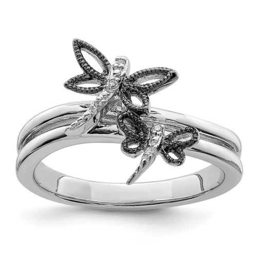 Sterling Silver 0.019ct Diamond Rhodium-Plated Dragonfly Ring, 2 mm