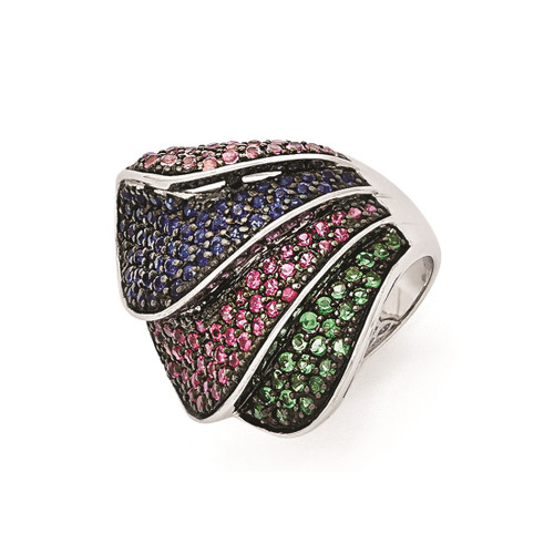 Sterling Silver Black Rhodium Blue/Grn Glass Lt & Drk Synth. Lab-Created Ruby Ring, 27 mm