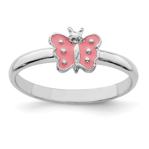 Sterling Silver Rhodium-Plated Polished Pink Enameled Butterfly Ring, 1.8 mm