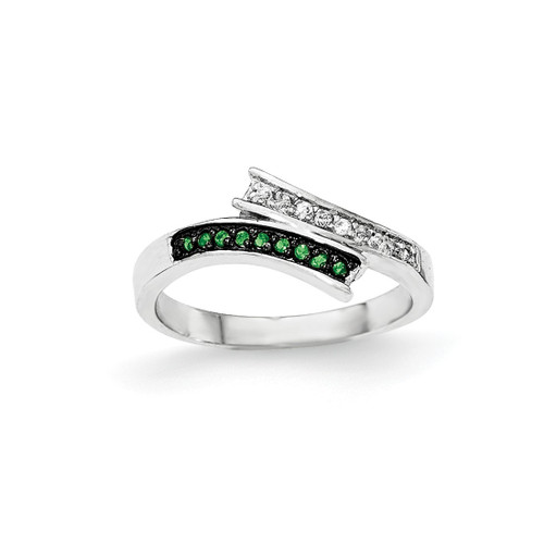 Sterling Silver Polished Cubic Zirconia & Green Glass Stone Ring