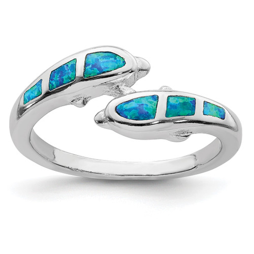 Sterling Silver Rhodium-Plated Created Blue Lab-Created Opal Dolphins Ring, 1.5 mm