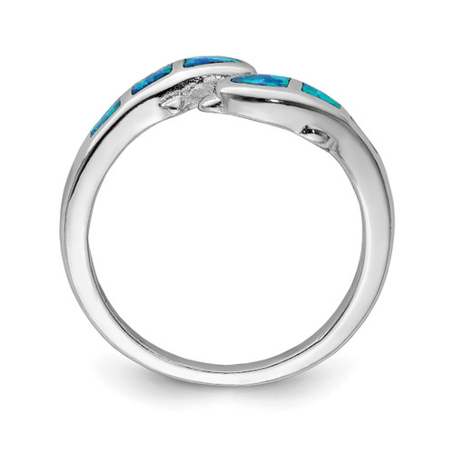 Sterling Silver Rhodium-Plated Created Blue Lab-Created Opal Dolphins Ring, 1.5 mm - View 2