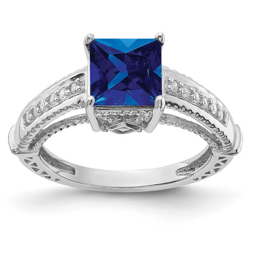 Sterling Silver Rhodium-Plated Blue Lab-Created Sapphire and Cubic Zirconia Ring