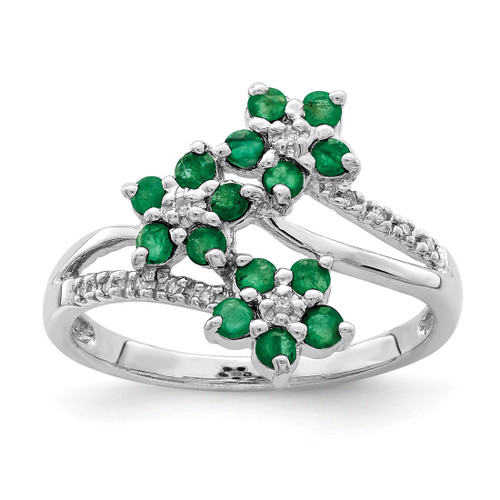 Sterling Silver Rhodium-Plated 3 Flower Emerald and 0.051ct Diamond Ring