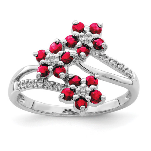Sterling Silver Rhodium-Plated 3 Flower Ruby and 0.051ct Diamond Ring
