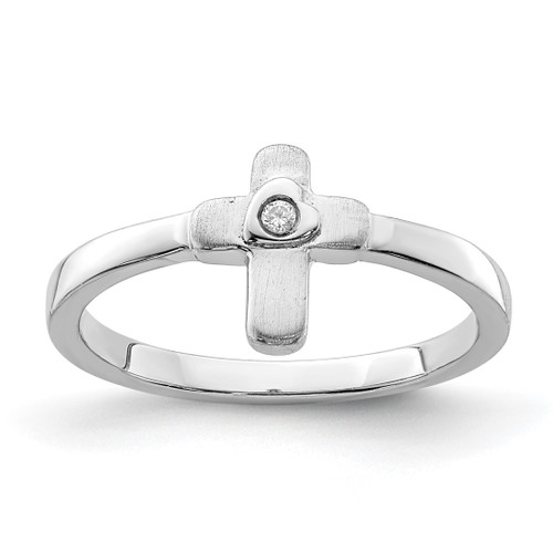 Sterling Silver Rhodium-Plated Polished and Satin Cubic Zirconia Cross Ring, 1.7 mm