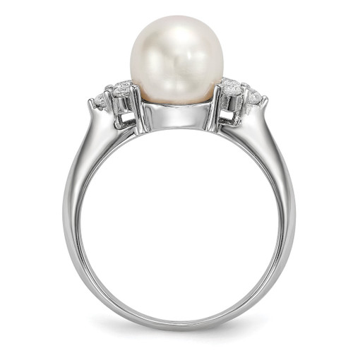 Sterling Silver Rhodium-Plated 8-9 mm White Button Cultured Freshwater Pearl and Cubic Zirconia Ring, 8.1 mm Top Length, 16 mm Top Width - View 2