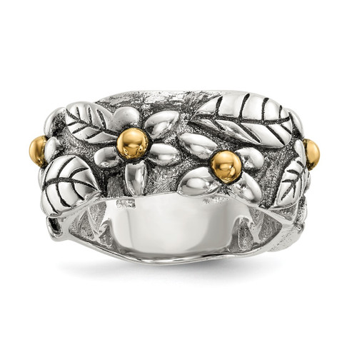 Sterling Silver with 14K Antiqued Leaves & Flowers Band Ring