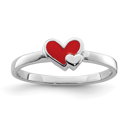Sterling Silver Rhodium-Plated Red Enameled Double Heart Ring, 1.63 mm