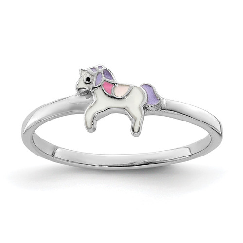 Sterling Silver Rhodium-Plated Multi-Color Enameled Unicorn Ring, 1.22 mm