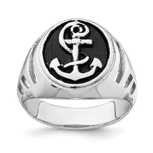 Sterling Silver Rhodium-Plated & Antiqued Plated Anchor Ring, Domed
