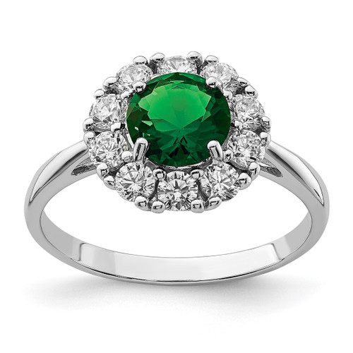 Sterling Silver Rhodium-Plated Green Glass and Cubic Zirconia Halo Ring, 2 mm