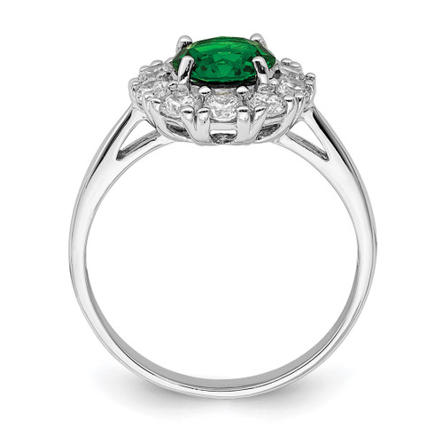 Sterling Silver Rhodium-Plated Green Glass and Cubic Zirconia Halo Ring, 2 mm - View 2
