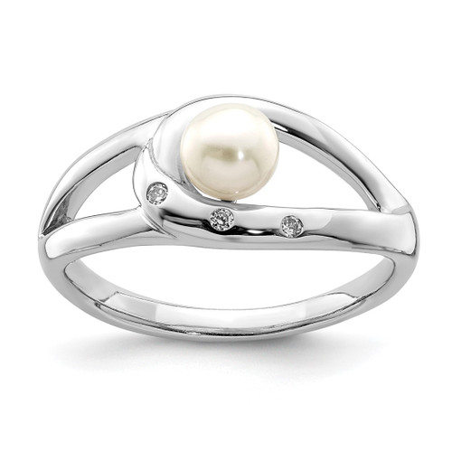 Sterling Silver Rhodium-Plated Cubic Zirconia (5-6 mm) Button Cultured Freshwater Pearl Ring
