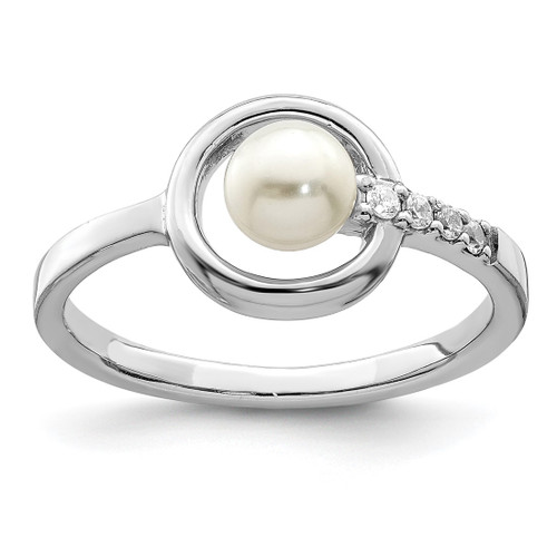 Sterling Silver Rhodium-Plated Cubic Zirconia 5-6 mm Button Cultured Freshwater Pearl in Circle Ring
