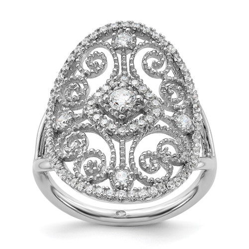 Sterling Silver Rhodium-Plated Cubic Zirconia Filigree Oval Ring, 1.37 mm