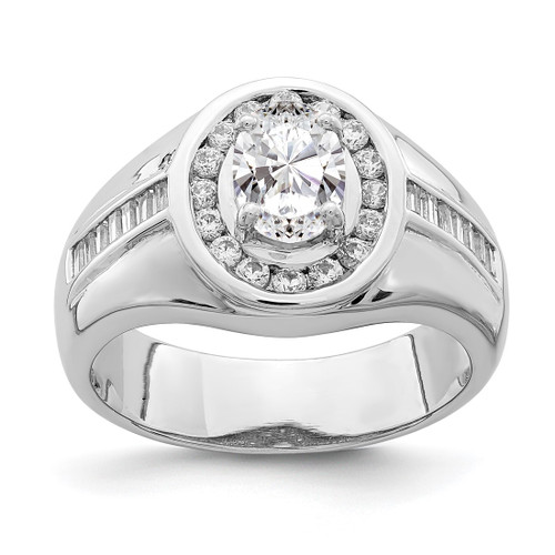 Sterling Silver Rhodium-Plated Oval Cubic Zirconia & Baguettes Halo Ring