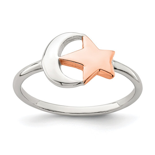 Sterling Silver Rose-Tone Moon & Star Ring, 1.12 mm