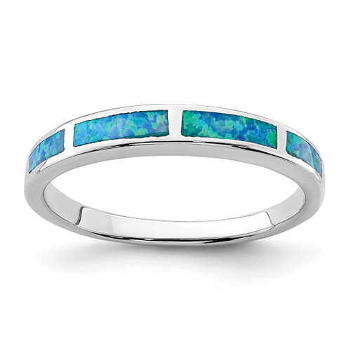 Sterling Silver Rhodium-Plated Blue Lab-Created Opal Inlay Band Ring, 1.43 mm