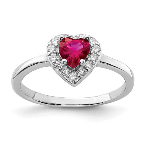 Sterling Silver Rhodium-Plated Lab-Created Corundum & Cubic Zirconia Heart Ring, 1.54 mm
