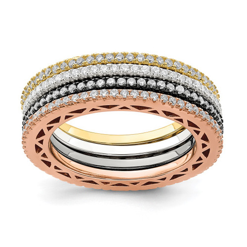 Sterling Silver & Rose, Gold, & Black-Tone Cubic Zirconia 4 Wedding Band Set, 1.5 mm