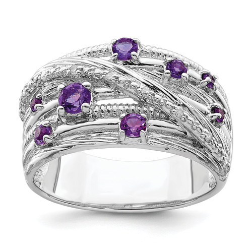 Sterling Silver Rhodium-Plated Polished Amethyst and 0.045ct Diamond Ring