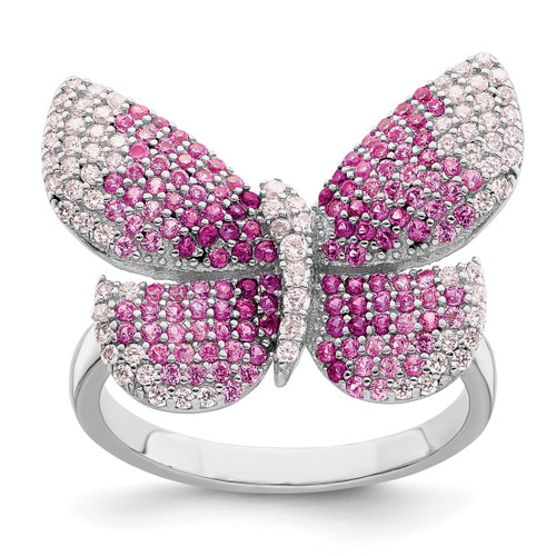Sterling Silver Rhodium-Plated Polished Pink Cubic Zirconia Butterfly Ring, 2.2 mm