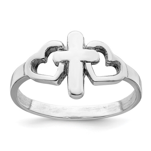 Sterling Silver Rhodium-Plated Hearts & Cross Ring, 2.2 mm