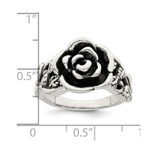 Sterling Silver Antiqued Rose Flower Ring, 2.6 mm - View 2