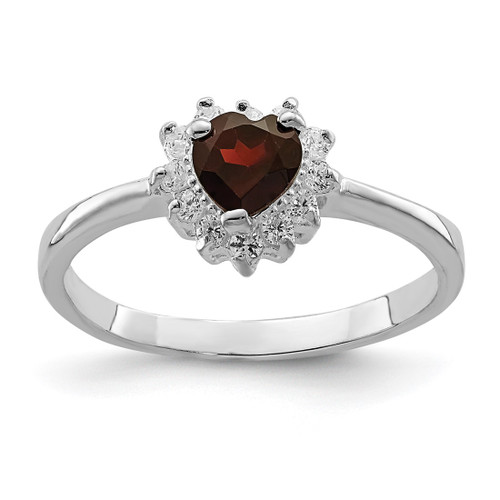 Sterling Silver Rhodium-Plated Garnet & Cubic Zirconia Heart Ring, 2 mm