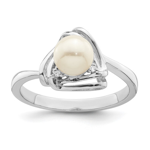 Sterling Silver Rhodium-Plated Cultured Freshwater Pearl and Cubic Zirconia Triangle Ring, 2.2 mm