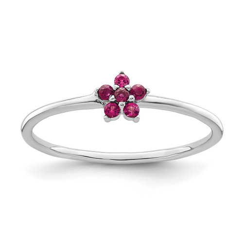 Sterling Silver Rhodium-Plated Polished Red Cubic Zirconia Flower Ring, 1.2 mm