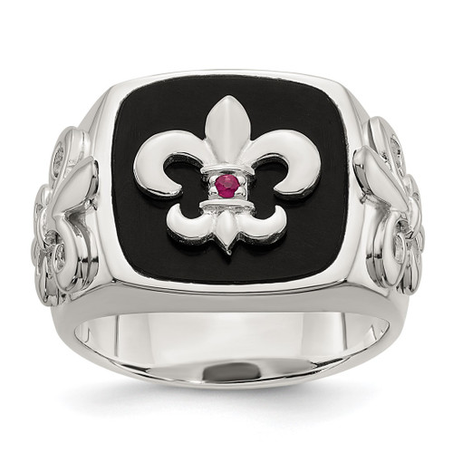 Sterling Silver.03Ruby/Black Agate Fleur De Lis Ring