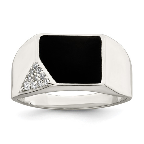 Sterling Silver Black Enameled and Cubic Zirconia Men'S Ring