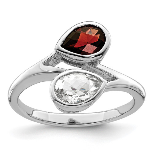 Sterling Silver Rhodium-Plated Polished Garnet & White Topaz ByPass Ring, 2 mm