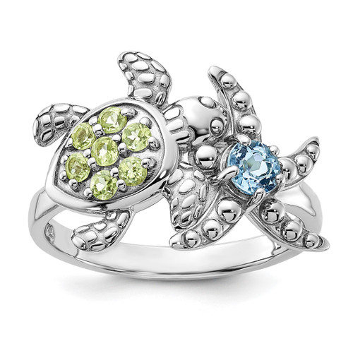 Sterling Silver Rhodium-Plated Peridot and Light Swiss Blue Topaz Turtle and Starfish Ring, 2.4 mm