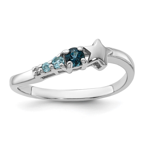 Sterling Silver Rhodium-Plated London and Lt Swiss Blue Topaz and Cubic Zirconia Star Curve Ring, 1.89 mm
