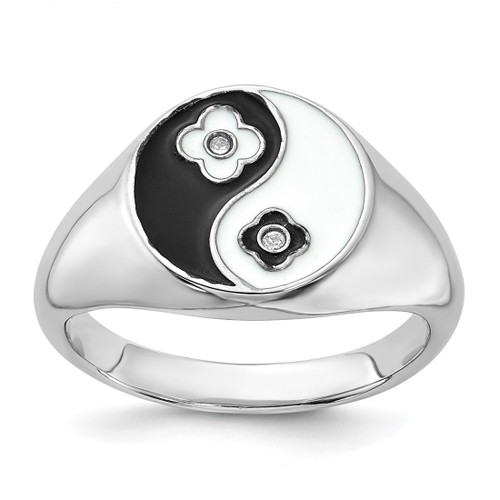 Sterling Silver Rhodium-Plated Enameled Yin Yang Cubic Zirconia Ring, 2.7 mm