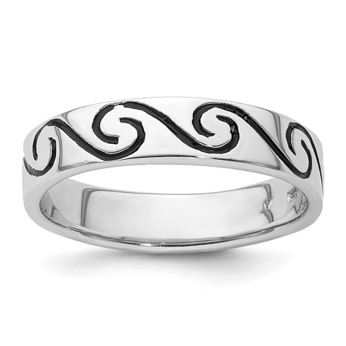 Sterling Silver Rhodium-Plated Antiqued Wave Design 4.5 mm Band Ring