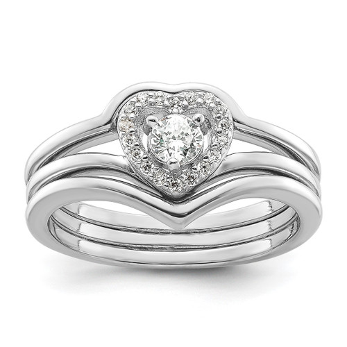 Sterling Silver Rhodium-Plated Cubic Zirconia Heart and Bands Three Ring Set, 1.2 mm