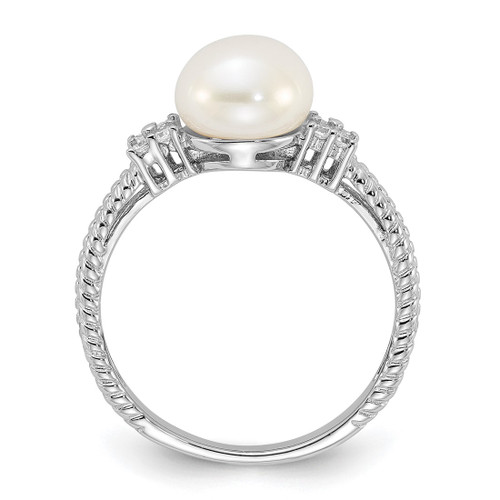 Sterling Silver Rhodium-Plated 8-9 mm White Button Cultured Freshwater Pearl and Cubic Zirconia Ring, 8.45 mm Top Length, 8.15 mm Top Width - View 2