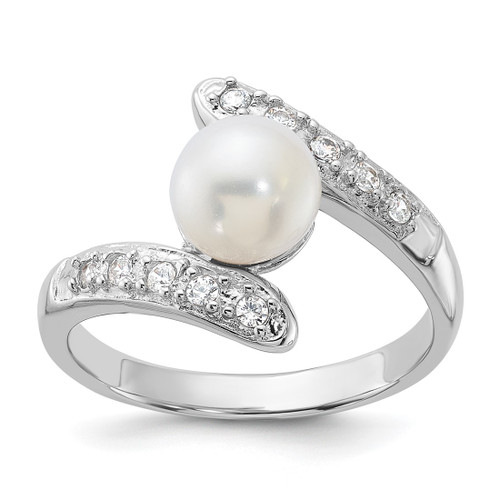 Sterling Silver Rhodium-Plated 6-7 mm White Cultured Freshwater Pearl and Cubic Zirconia Bypass Ring
