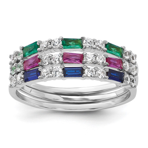 Sterling Silver Rhodium-Plated Green, Red and Blue Cubic Zirconia 3 Ring Set